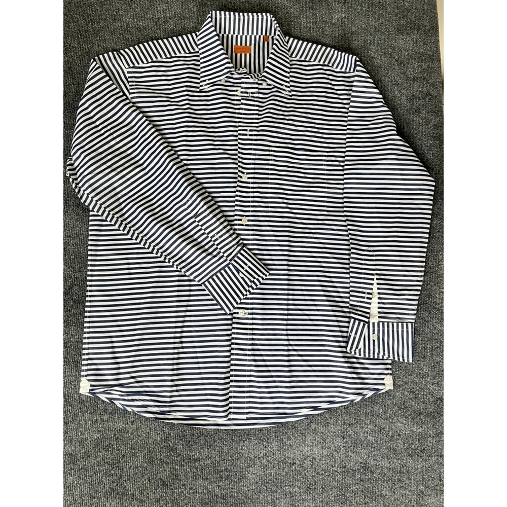 Bruli White Dark Blue Striped Button‎ up Shirt Swiss Made Long Sleeve Size L